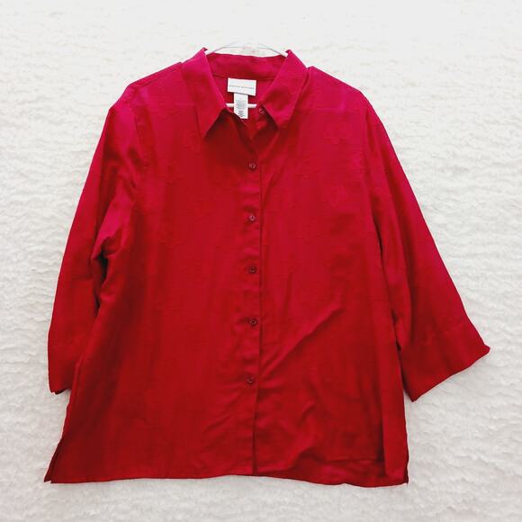 Alfred Dunner Tops - Blouse Button Up Red Floral Embossed Office Siren Minimalist Chic Festival Sz L